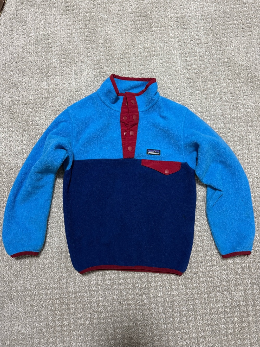 Patagonia Kids Bright Blue & Navy Colorblock Snap-Up Fleece with Red Trim
